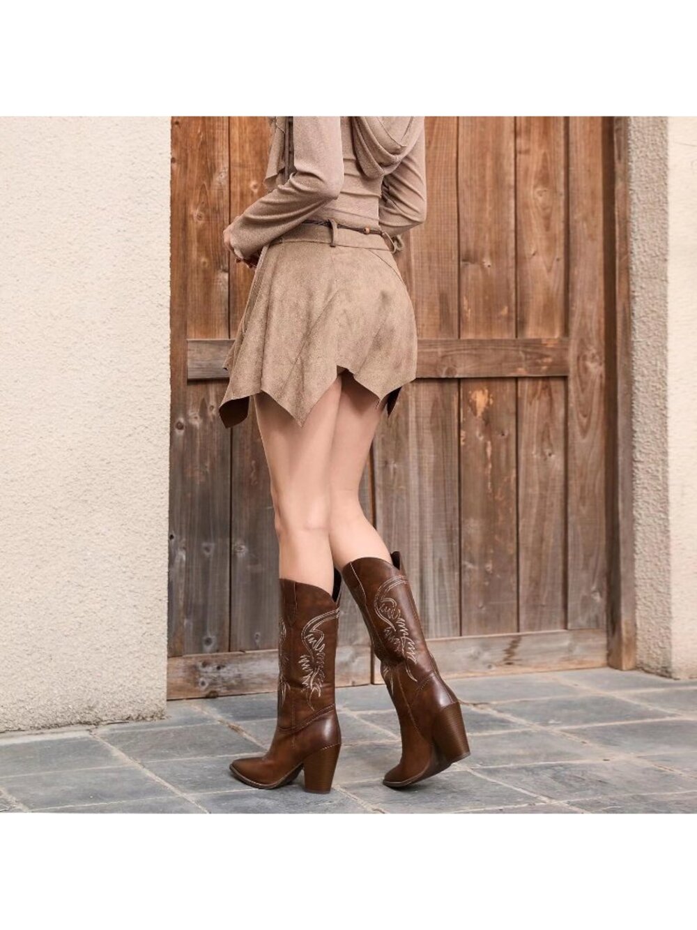 Women Matte Dark Brown Faux Leather Cowboy Pointed Toe Chunky Heel Western Boot - Picture 3 of 6